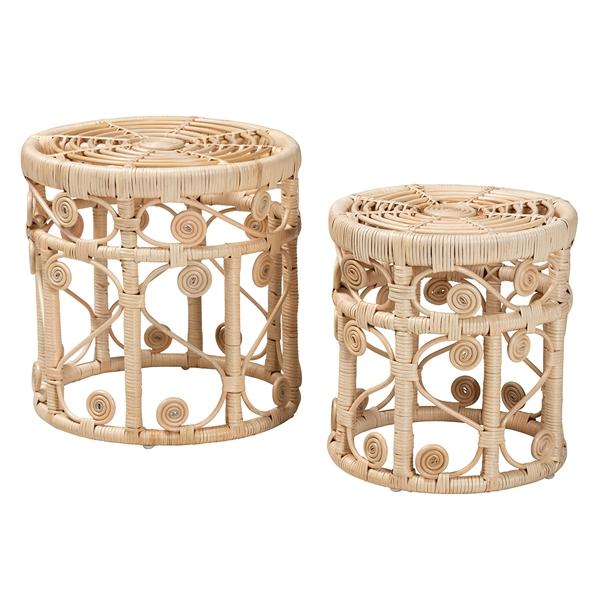 baxton studio bali & pari Bowie Modern Bohemian Natural Brown Rattan 2-Piece Nesting End Table Set