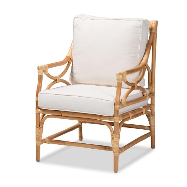 baxton studio bali & pari Brandon Modern Bohemian White Fabric Upholstered and Natural Brown Rattan Armchair