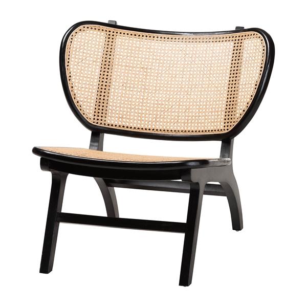 baxton studio bali & pari Brisbane Bohemian Black Mahogany Wood and Woven Rattan Accent Chair