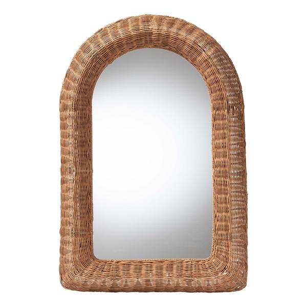 baxton studio bali & pari Brisia Arched Rattan Wall Mirror - Handwoven Wicker Framed Mirror for Entryway Living Room or Bedroom Natural