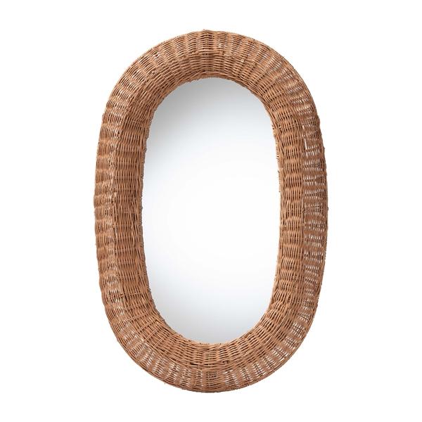 baxton studio bali & pari Brisia Oval Rattan Wall Mirror - Handwoven Wicker Framed Mirror for Entryway Living Room or Bedroom Natural