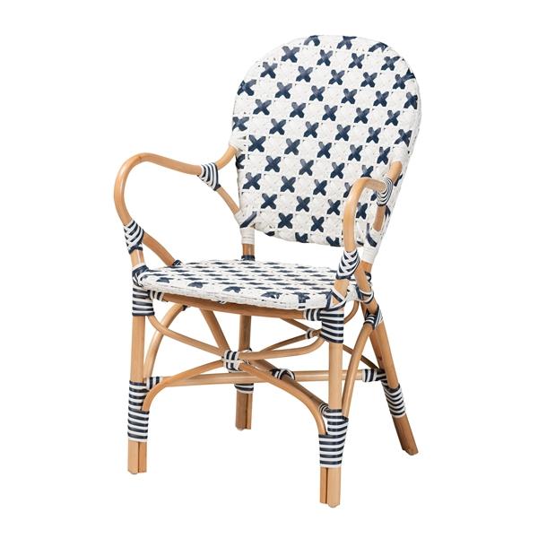 baxton studio bali & pari Bryson Modern French Blue and White Weaving and Natural Rattan Bistro Chair