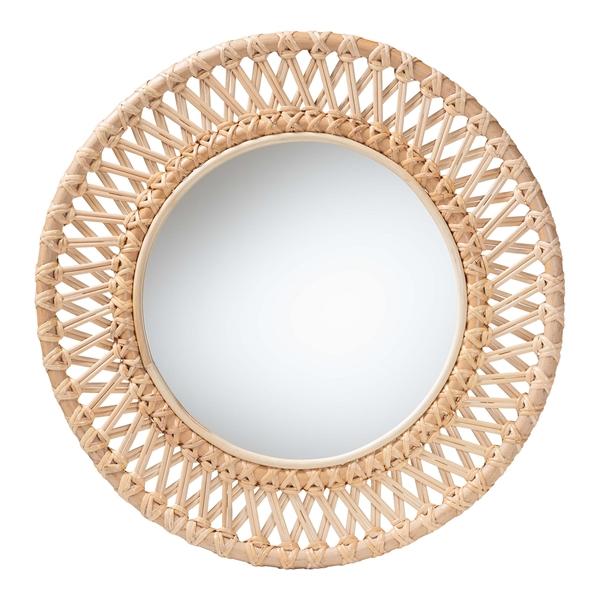 baxton studio bali & pari Burris Natural Rattan Wall Mirror - Handwoven Wicker Round Frame Boho Coastal Accent Wall Decor for Entryway Bedroom or Living Room