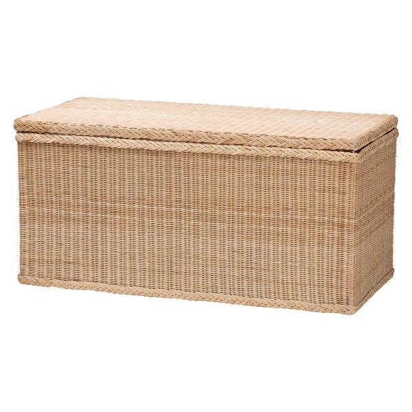baxton studio bali & pari Caden Braided Natural Rattan Chest with Lift -top Lid - Coastal Boho Style Storage Bench for Bedroom Entryway or Living Room Organization