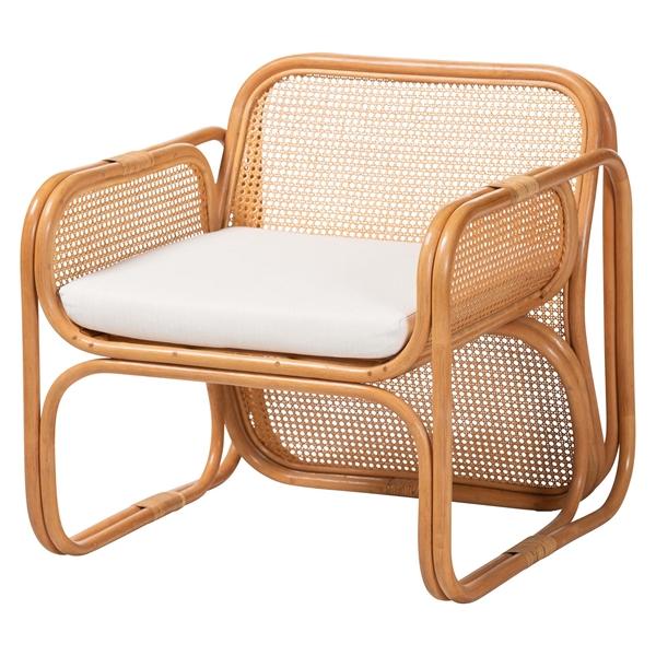baxton studio bali & pari Cambridge Natural Rattan Armchair - Handcrafted Lounge Chair with Cushion Rounded Frame with Cane Woven Panels Accent Seating for Living Room or Sunroom