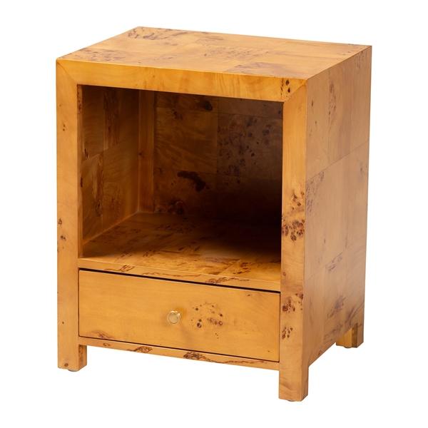 baxton studio bali & pari Camira Modern and Contemporary Natural Light Mappa Real Burl Wood 1-Drawer Nightstand