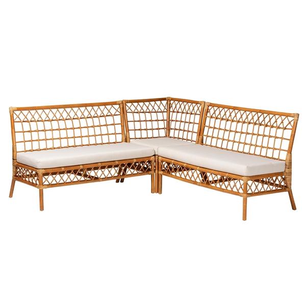 baxton studio bali & pari Capella Modern Bohemian Honey Rattan 3-Piece Dining Nook Banquette Set