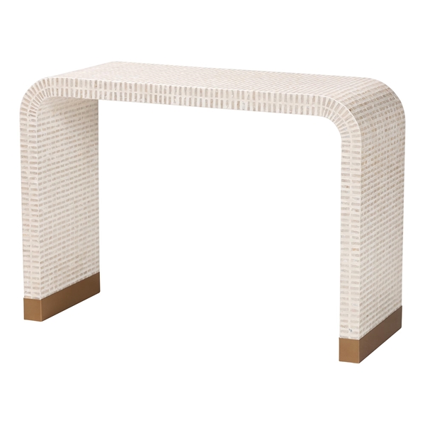 baxton studio bali & pari Carlyn Coastal Beige and White Mother of Pearl Capiz Shell Console Table