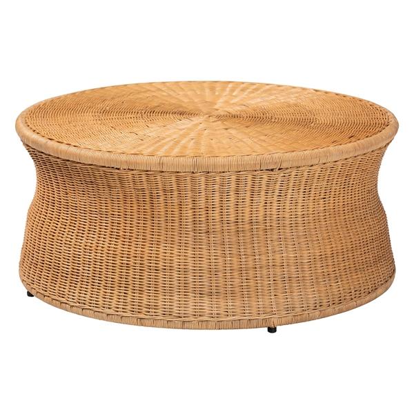baxton studio bali & pari Caroline Round Natural Rattan Coffee Table - Handwoven Wicker Drum Shape Accent Table for Living Room or Sunroom Light Honey