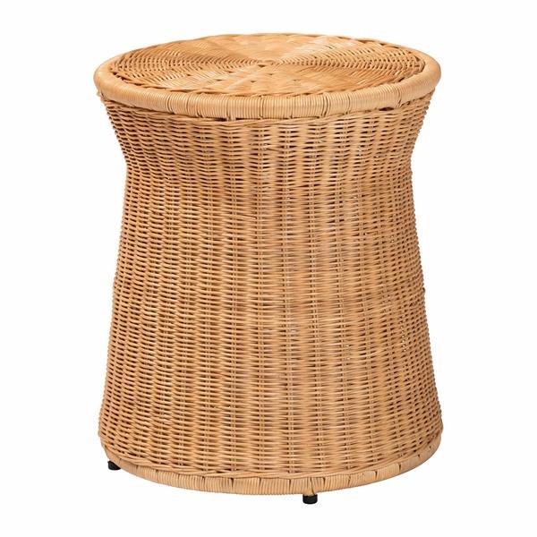 baxton studio bali & pari Caroline Round Natural Rattan End Table - Handwoven Wicker Drum Shape Accent Table for Living Room or Sunroom Light Honey