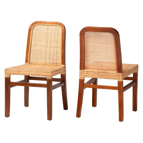 baxton studio bali & pari Caspia Mid-Century Modern Walnut Brown Mahogany Wood and Natural Rattan 2-Piece Dining Chair Set