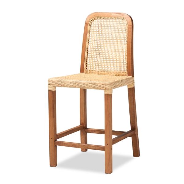 baxton studio bali & pari Caspia Mid-Century Modern Walnut Brown Mahogany Wood and Natural Rattan Counter Stool