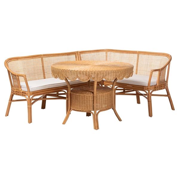 baxton studio bali & pari Ceona 3-Piece Natural Rattan Dining Nook Set - L-Shaped Banquette Seating with Cushions and Pedestal Table Boho Coastal Style Dining