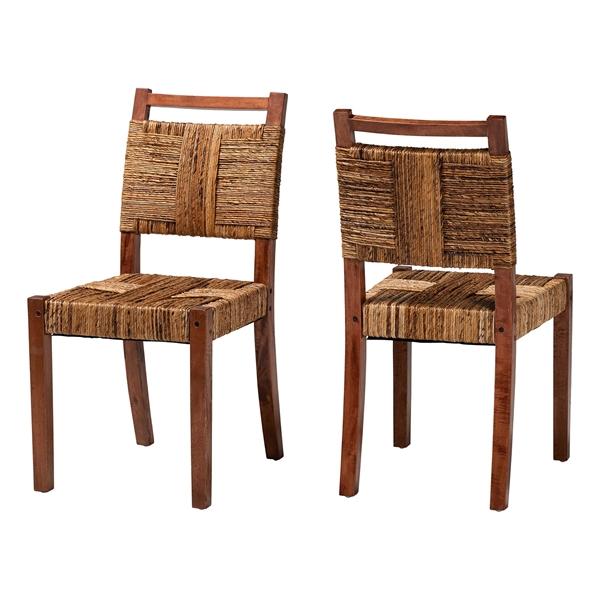 baxton studio bali & pari Chabela Handwoven Seagrass Dining Chair Set of 2- Solid Mango Wood Frame with Woven Seat and Backrest Rustic Boho Style Kitchen or Dining Room Seating Brown