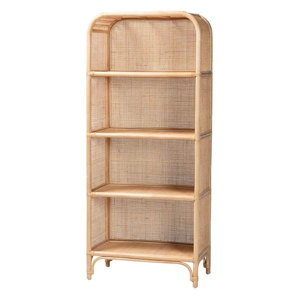 baxton studio bali & pari Chusi Natural Rattan Decorative Shelf - Handwoven Cane Display Unit with Arched Top Boho Coastal Storage Rack for Living Room or Bedroom