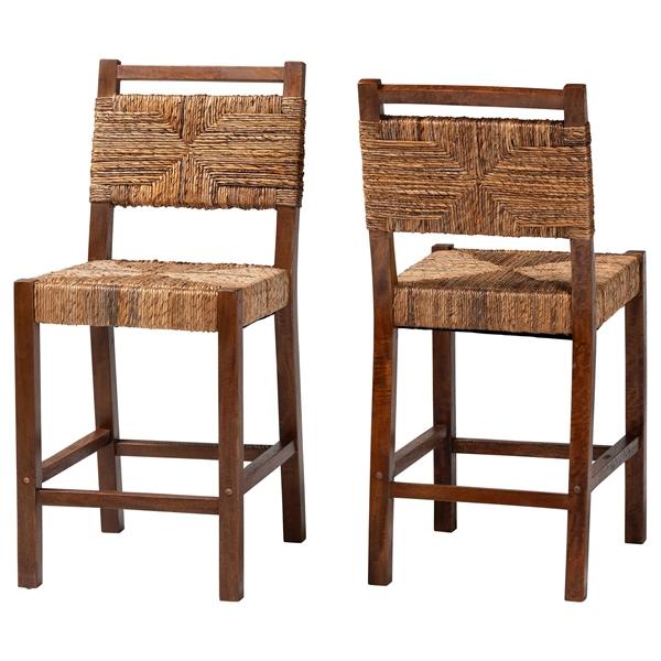 baxton studio bali & pari Cordoba Bohemian Natural Seagrass and Mahogany Wood 2-Piece Counter Stool Set