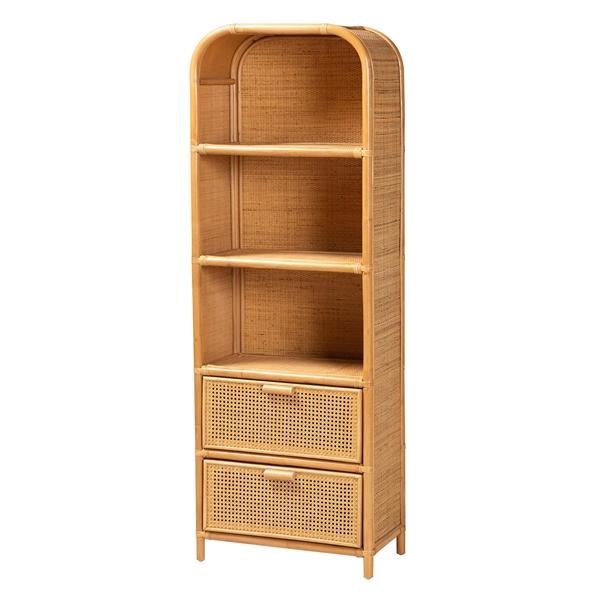 baxton studio bali & pari Curacao Modern Bohemian Light Honey Rattan 2-Drawer Bookcase