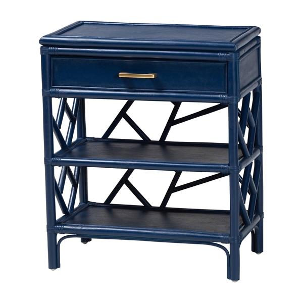 baxton studio bali & pari Daina Natural Rattan Nightstand with Drawer and Open Shelves - Coastal Bedside Table with Geometric Design Blue