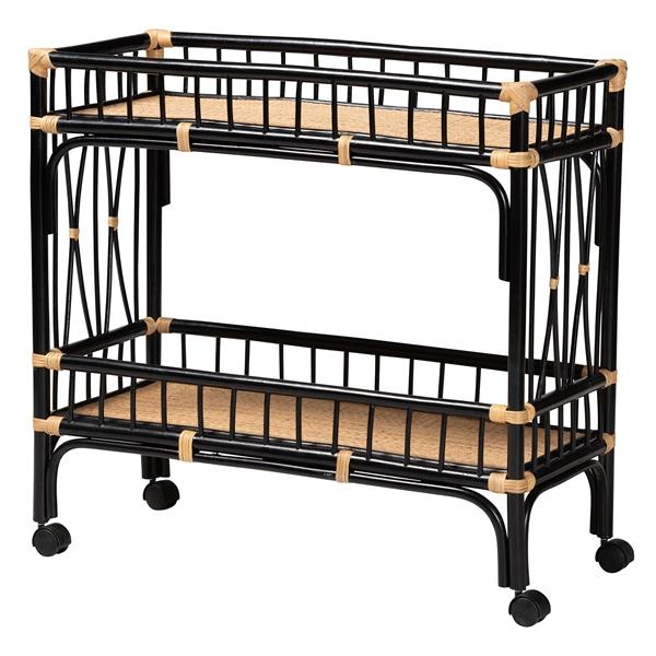 baxton studio bali & pari Dalinda Modern Bohemian Two-Tone Black and Natural Brown Rattan 2-Tier Kitchen Cart
