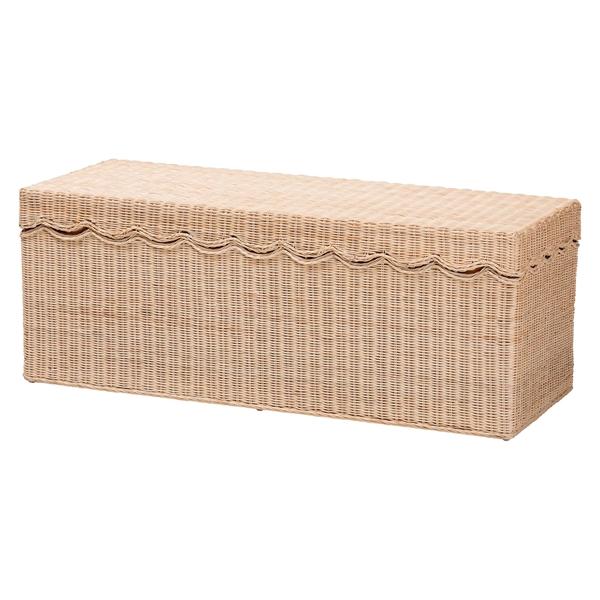 baxton studio bali & pari Damita Scallop Natural Rattan Chest with Lift -top Lid - Coastal Boho Style Storage Bench for Bedroom Entryway or Living Room Organization