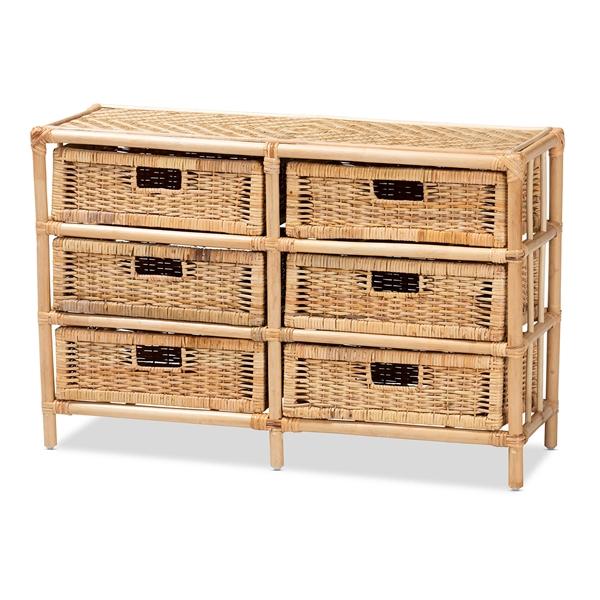 baxton studio bali & pari Dariana Modern Bohemian Natural Brown Rattan 6-Drawer Storage Cabinet