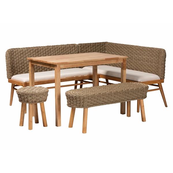 baxton studio bali & pari Denver Modern Bohemian Natural Seagrass and Acacia Wood 5-Piece Dining Nook Set