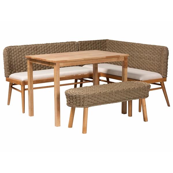 baxton studio bali & pari Denver Modern Bohemian Natural Seagrass and Acacia Wood 4-Piece Dining Nook Set