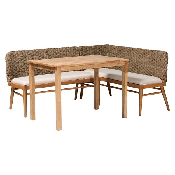 baxton studio bali & pari Denver Modern Bohemian Natural Seagrass and Acacia Wood 3-Piece Dining Nook Set