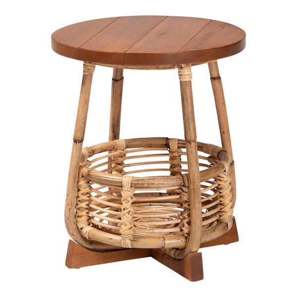 baxton studio bali & pari Derenik Natural Rattan and Mahogany Wood End Table - Boho Accent Side Table with Woven Basket Base Coastal Style Nightstand or Living Room Table