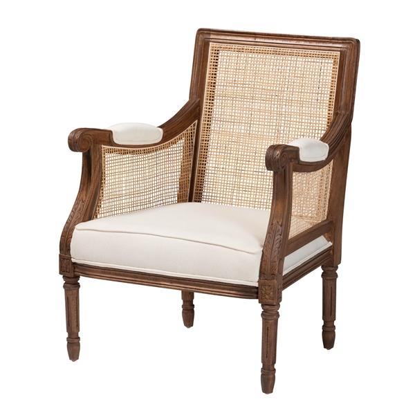 baxton studio bali & pari Desmond Traditional French Beige Fabric and Walnut Brown Finished Wood Accent Chair