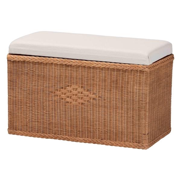 baxton studio bali & pari Eamon Braided Natural Rattan Storage Bench with Cushioned Lift -Top Lid - Coastal Boho Style Chest for Bedroom Entryway or Living Room Organization 31" Rectangle Brown