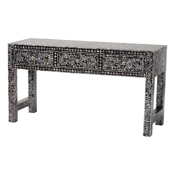 baxton studio bali & pari Elara Coastal Black and White Mother of Pearl Capiz Shell 3-Drawer Console Table