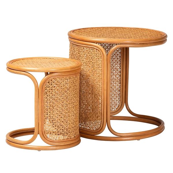 baxton studio bali & pari Eldon Bohemian Honey Rattan 2-Piece Nesting End Table Set