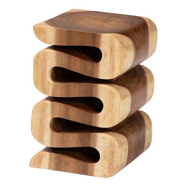 baxton studio bali & pari Eliada Hand -carved Suar Wood Side Table - Wavy Sculptural Accent Table with Stacked Design Modern Boho Style for Living Room or Bedroom