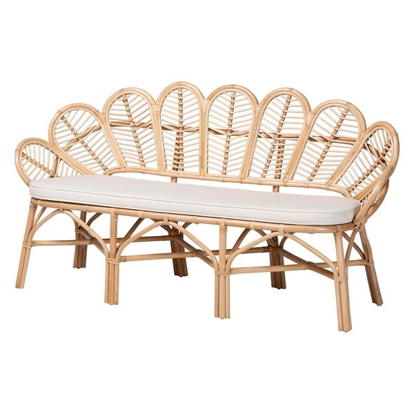 baxton studio bali & pari Eliava Natural Rattan Accent Bench with Removable Cushion - Coastal Boho Style Loveseat with Scalloped Fan Back Design for Indoor Living Room or Sunroom Seating