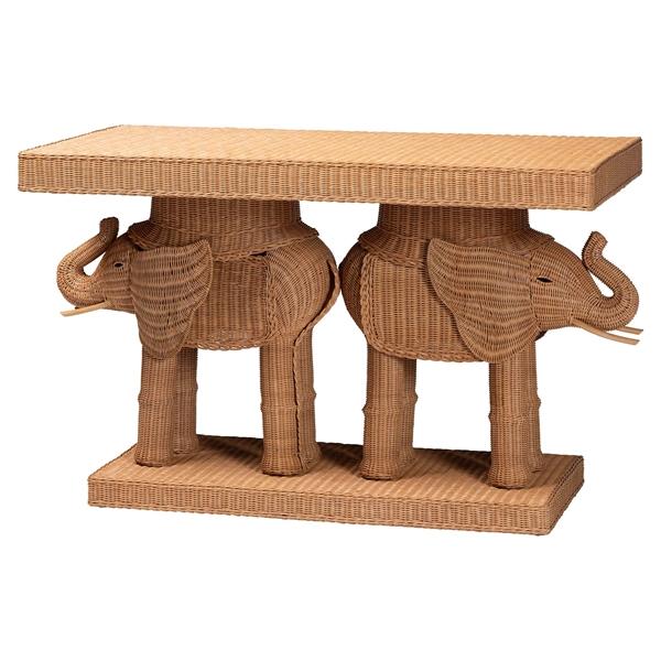 baxton studio bali & pari Elissa Bohemian Honey Rattan Elephant Console Table