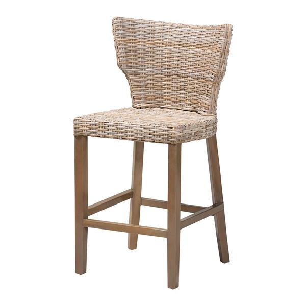 baxton studio bali & pari Enver Modern Bohemian Grey Kubu Rattan and Mahogany Wood Counter Stool