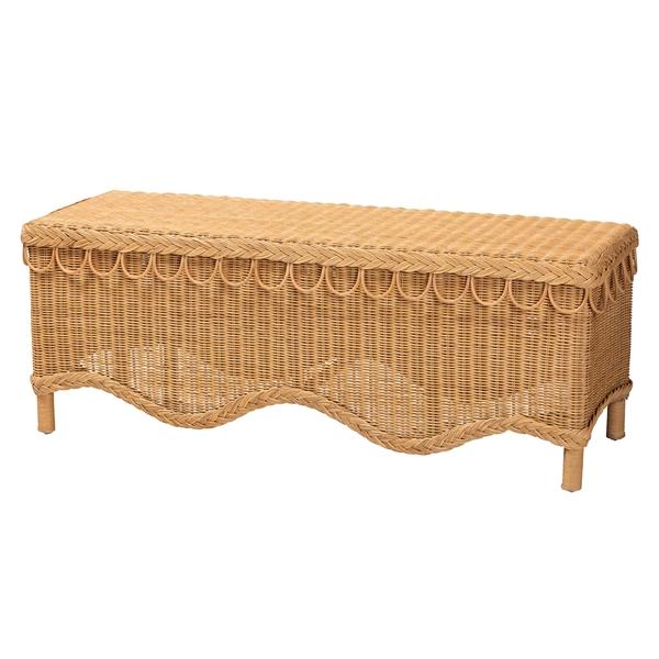 baxton studio bali & pari Erla Bohemian Light Honey Rattan Accent Bench with Scallop border