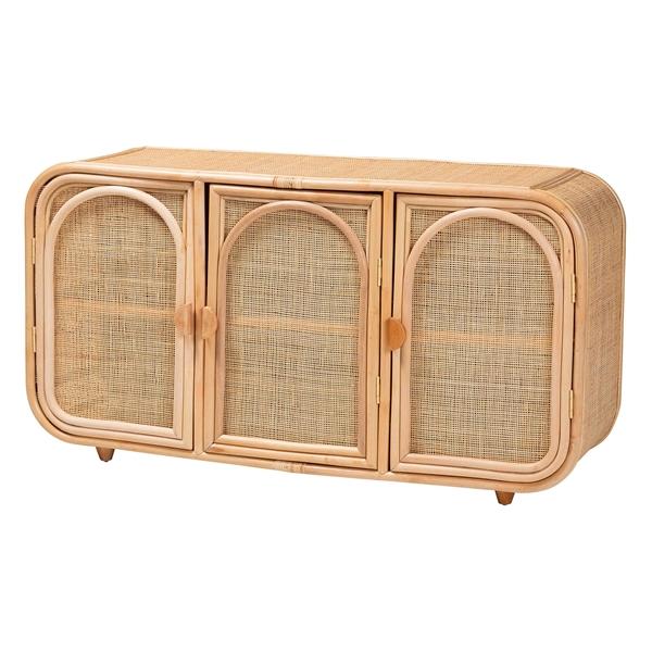 baxton studio bali & pari Evania Bohemian Natural Rattan 3-Door Storage Cabinet