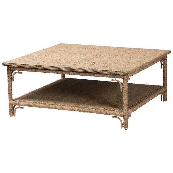baxton studio bali & pari Ganit Handwoven Seagrass Coffee Table - Square Center Table with Wrapped Frame and Lower Shelf Coastal Boho Accent Furniture for Living Room or Lounge