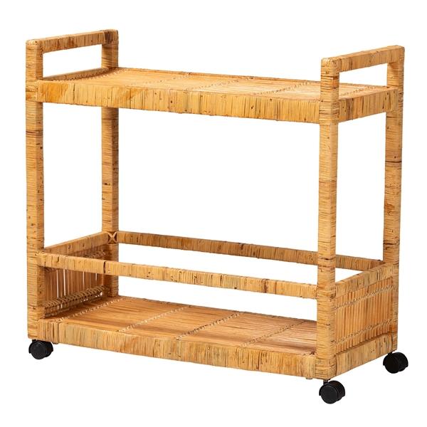 baxton studio bali & pari Genet Modern Bohemian Natural Brown Rattan and Teak Wood 2-Tier Kitchen Cart