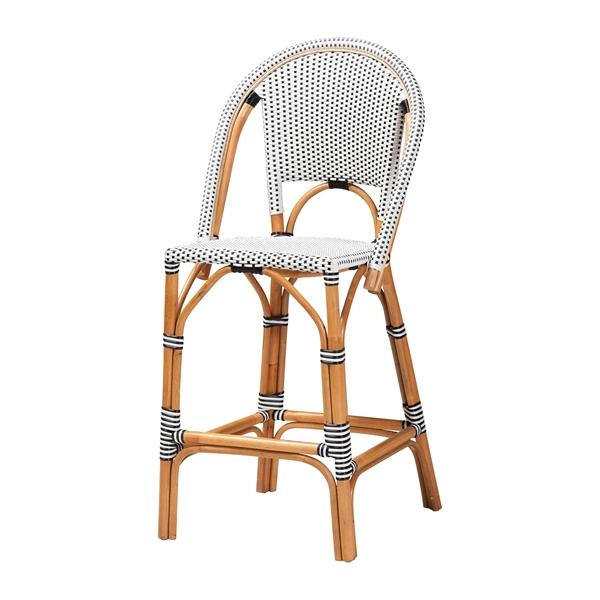 baxton studio bali & pari Genica Classic French Two-Tone Black and White Weaving and Natural Rattan Bar Stool
