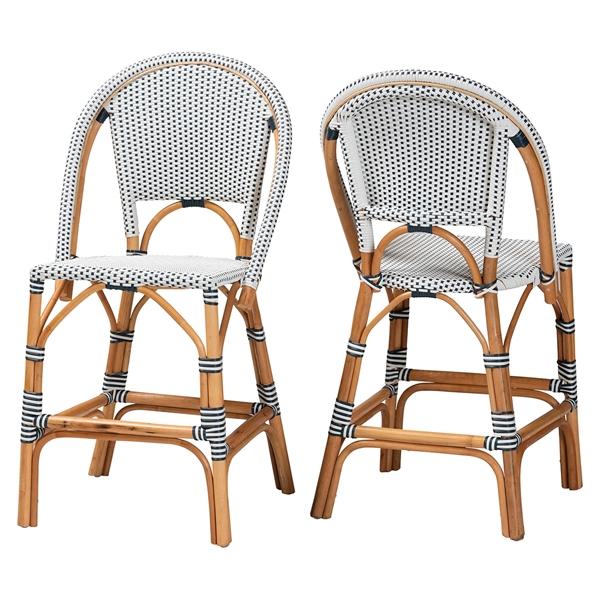 baxton studio bali & pari Genica Classic French Two-Tone Navy and White Weaving and Natural Rattan 2-Piece Counter Stool Set