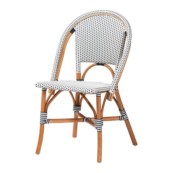 baxton studio bali & pari Genica Classic French Two-Tone Navy and White Weaving and Natural Rattan Bistro Chair