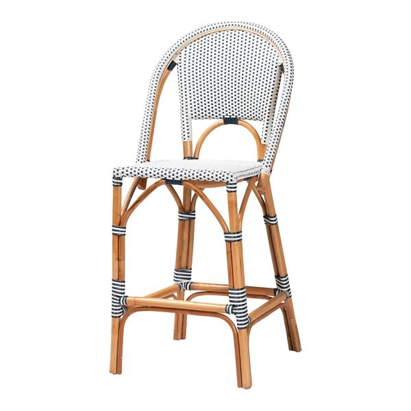 baxton studio bali & pari Genica Classic French Two-Tone Navy and White Weaving and Natural Rattan Bar Stool