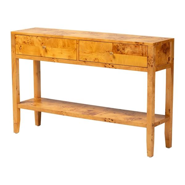 baxton studio bali & pari Ghina Modern and Contemporary Natural Light Mappa Real Burl Wood 2-Drawer Console Table