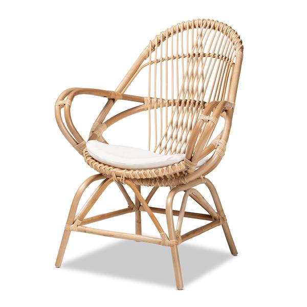 baxton studio bali & pari Jayden Modern Bohemian White Fabric Upholstered and Natural Brown Finished Rattan Accent Chair