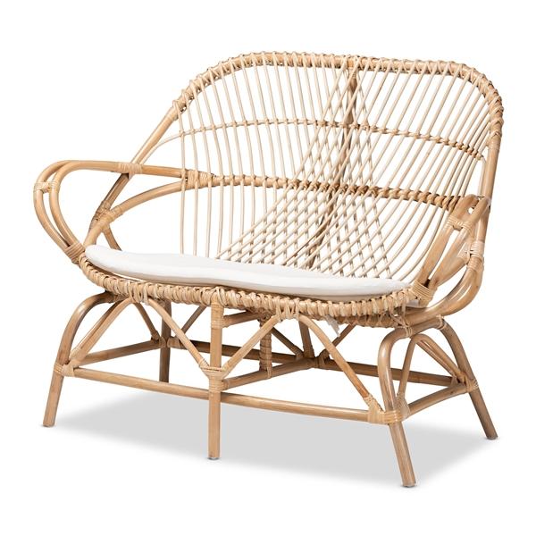 baxton studio bali & pari Jayden Modern Bohemian White Fabric Upholstered and Natural Brown Finished Rattan Loveseat