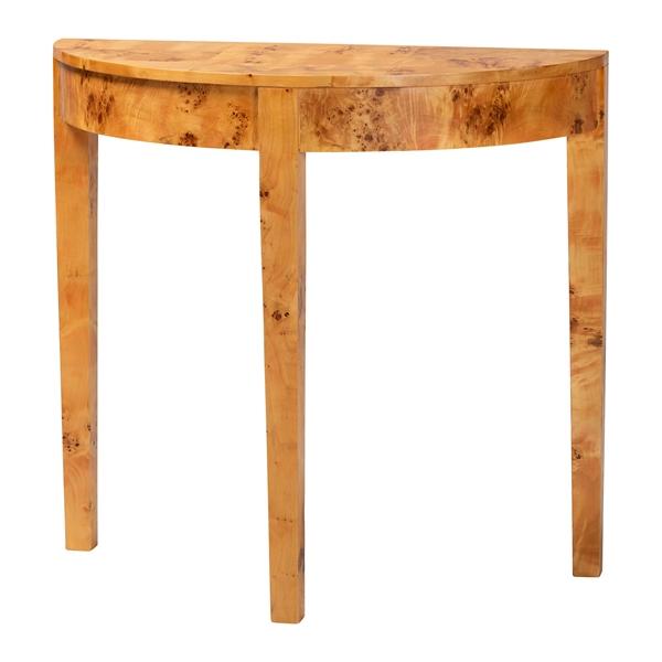baxton studio bali & pari Jihan Modern and Contemporary Natural Real Burl Wood Half-Moon Console Table