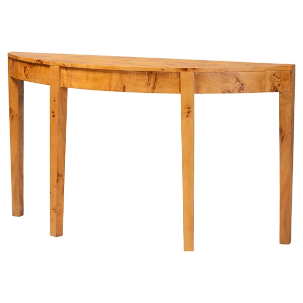 baxton studio bali & pari Jihan Modern and Contemporary Natural Real Burl Wood Half-Moon Large Console Table